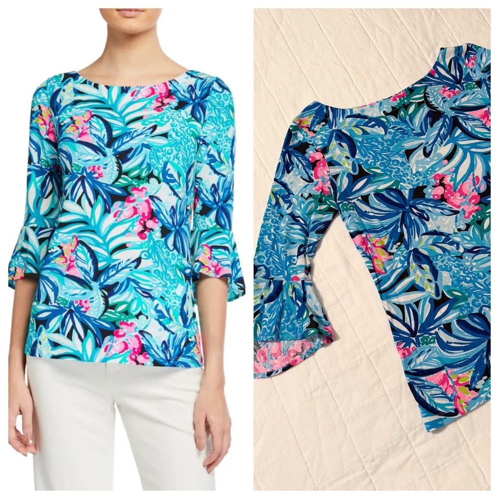 Lilly Pulitzer Fontaine Top Size XS Floral Tropical Bell Sleeve Blue Pink EUC